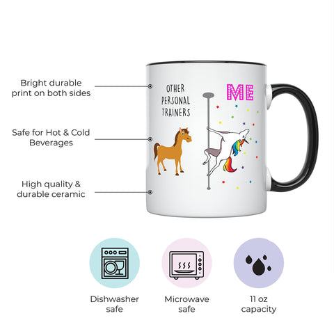 YouNique Designs unicorn trainer mug front view for morning coffee before sessions