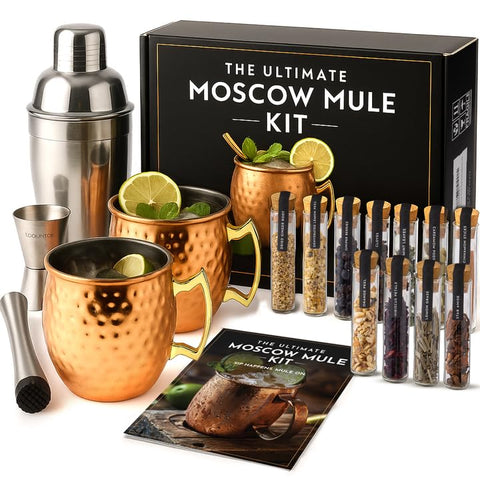 Your Dream Party Shop Moscow Mule Kit with two copper mugs keeps drinks colder longer.