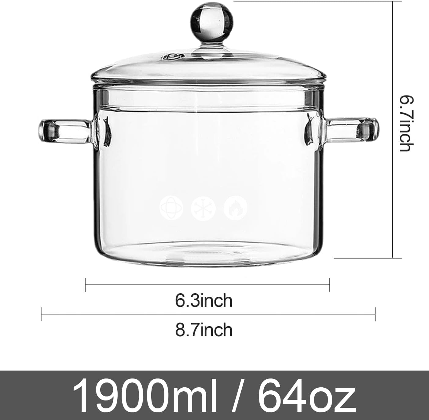 Yovexal clear glass pot with lid and handle for safe grip and control.