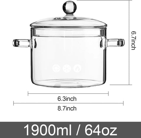 Yovexal clear glass pot with lid and handle for safe grip and control.