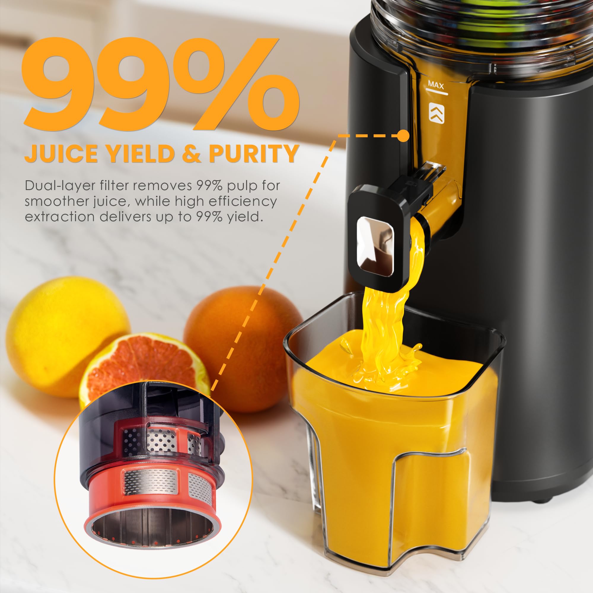 YOYDS juicer delivers up to 99% juice yield with less pulp