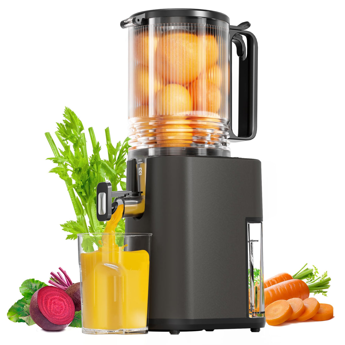 YOYDS cold press juicer with wide feed chute for fast whole-fruit juicing