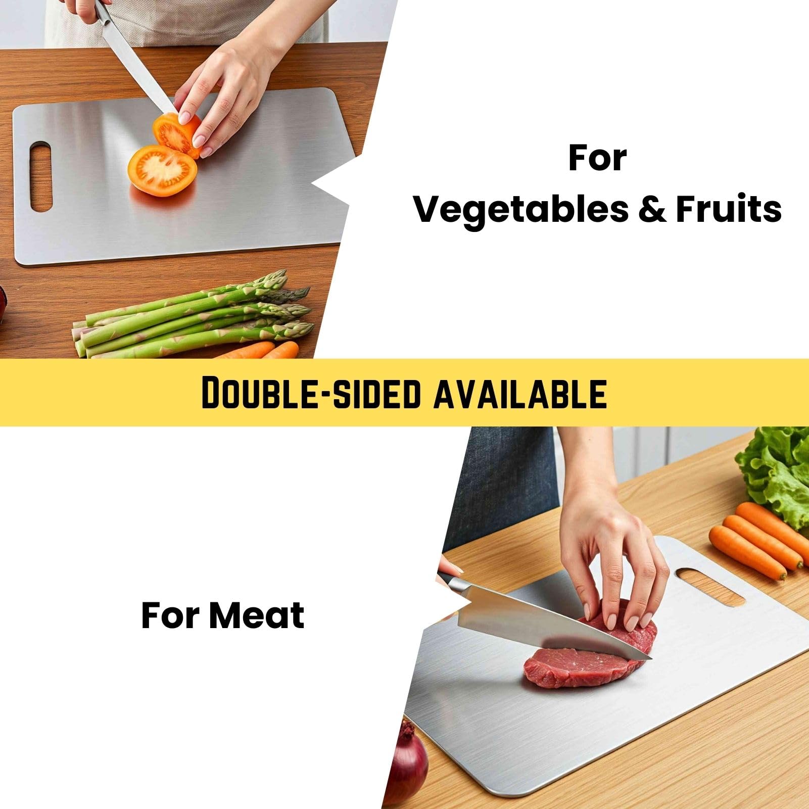 YoYoulee titanium board with meat side and vegetable side for cross-contamination prevention.