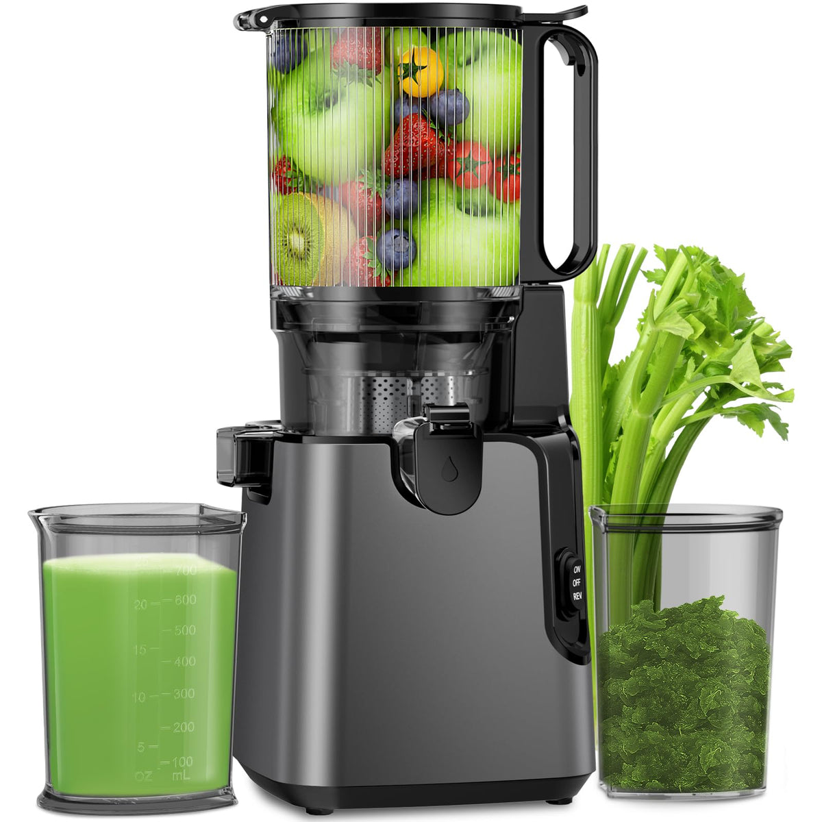 YPONE juicer front view with 5.8-inch feed chute for whole vegetables and easier juicing