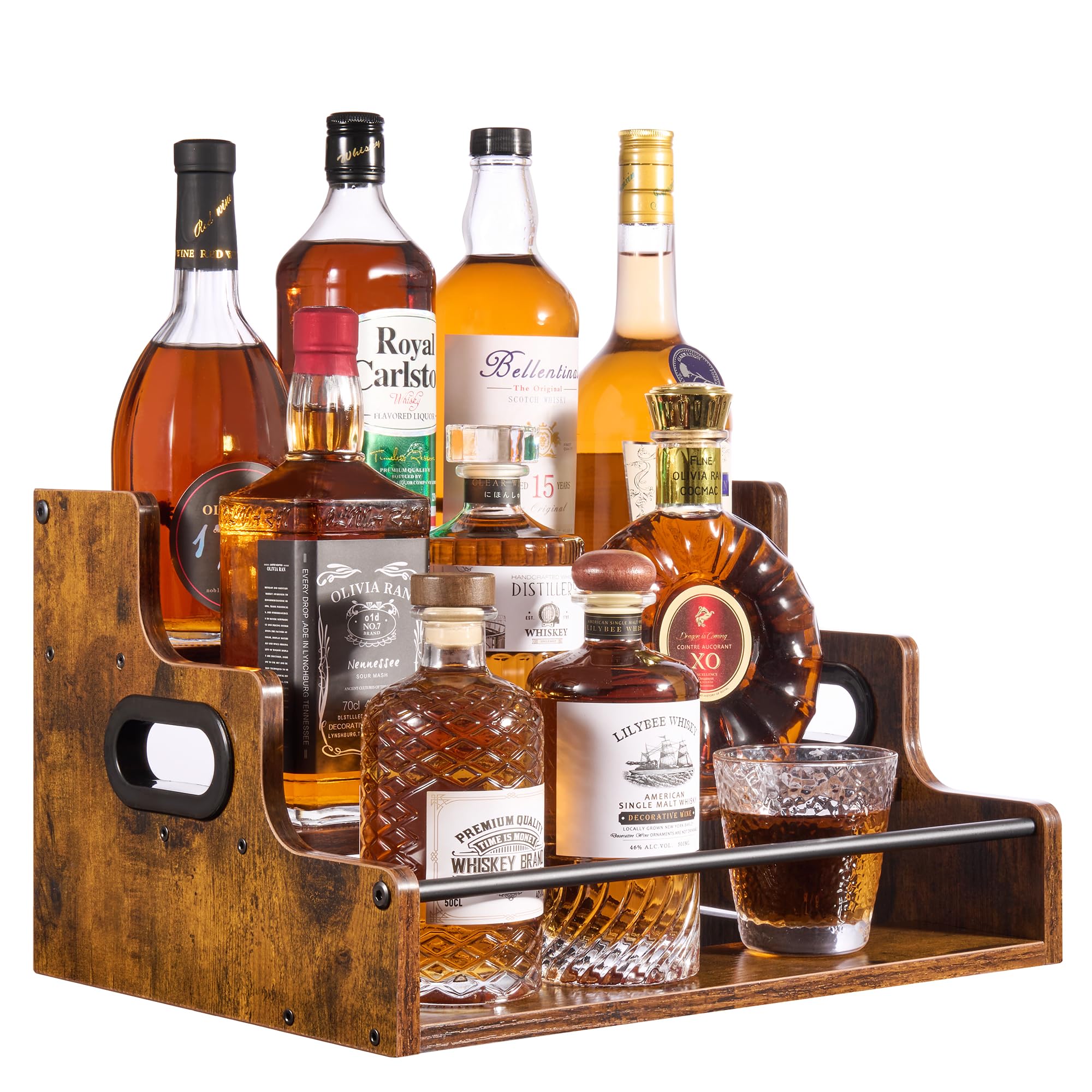 YQBRAO 3-Tier liquor display front view showcases organized bottle lineup for a stylish home bar