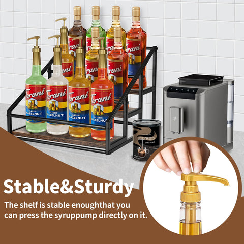 YQBRAO matte black frame and rustic wood base of the syrup rack