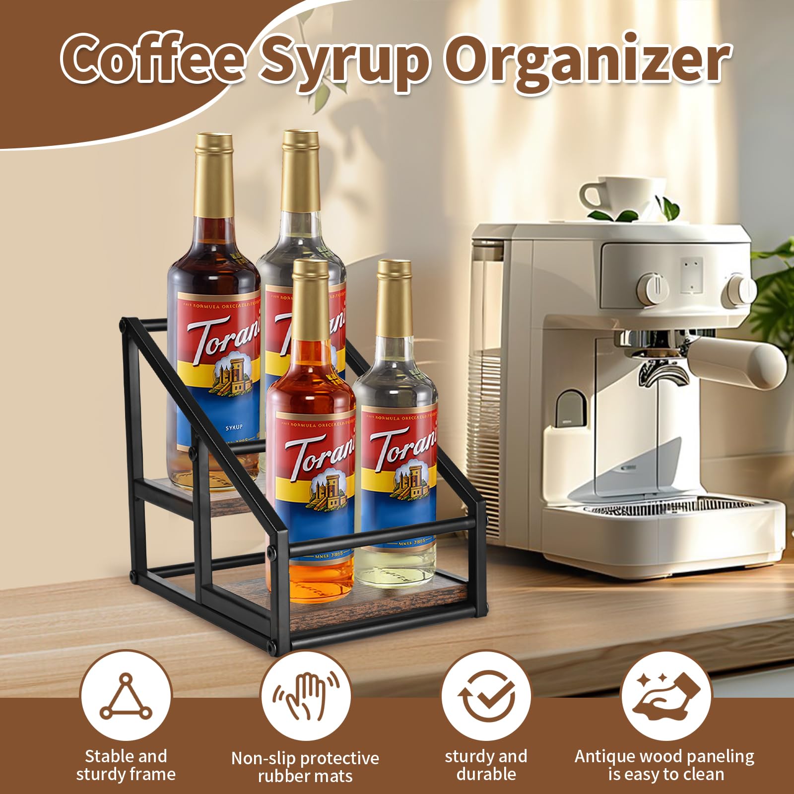 YQBRAO coffee syrup rack side view highlights sturdy matte black frame