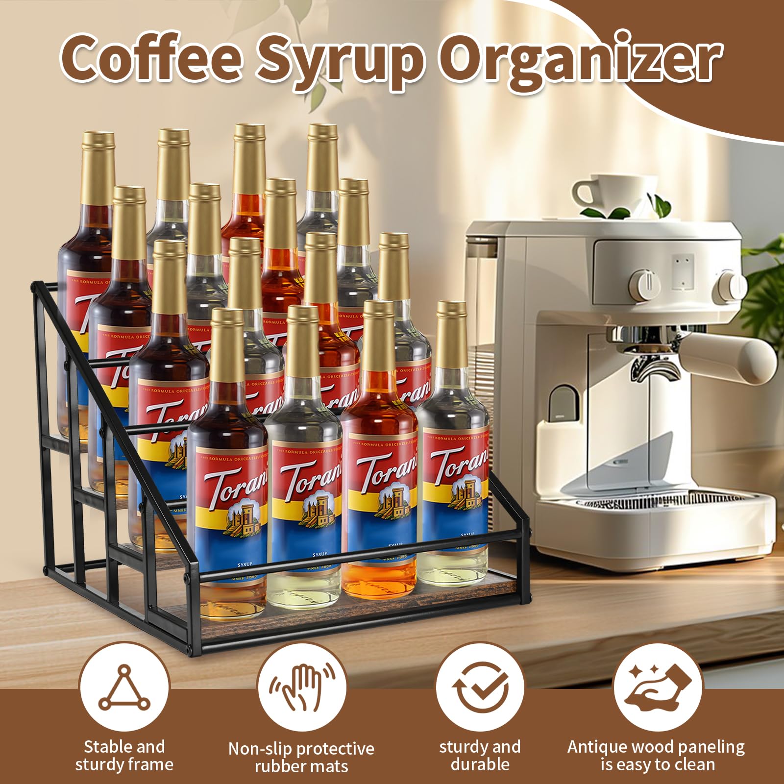 YQBRAO wine bottle display shelf adds elegant counter storage.