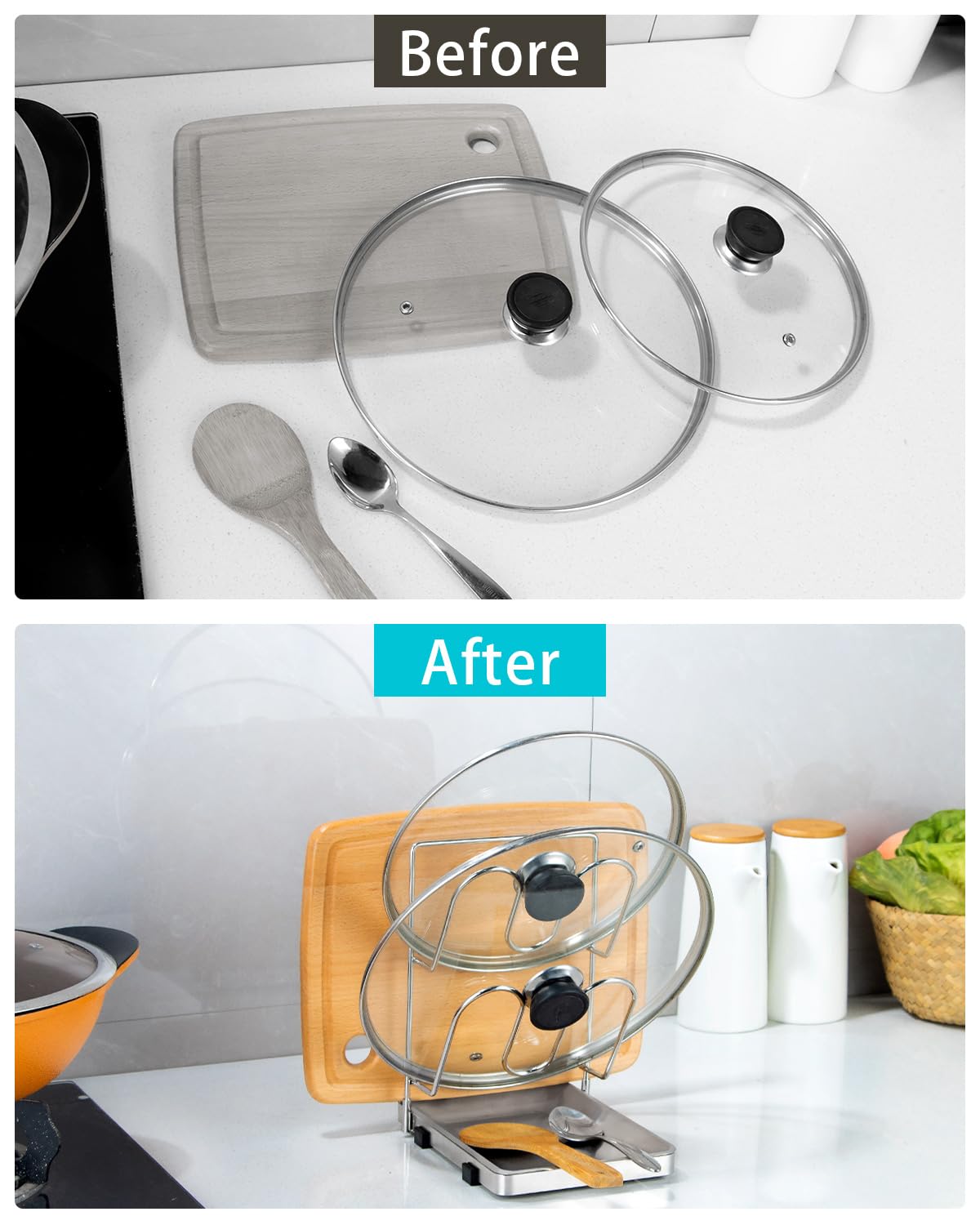 YQh kitchen organizer helps you reach lids and utensils faster.