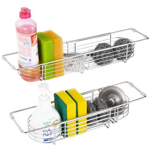 YQh retractable sink drain rack in stainless steel expands to add organized space.