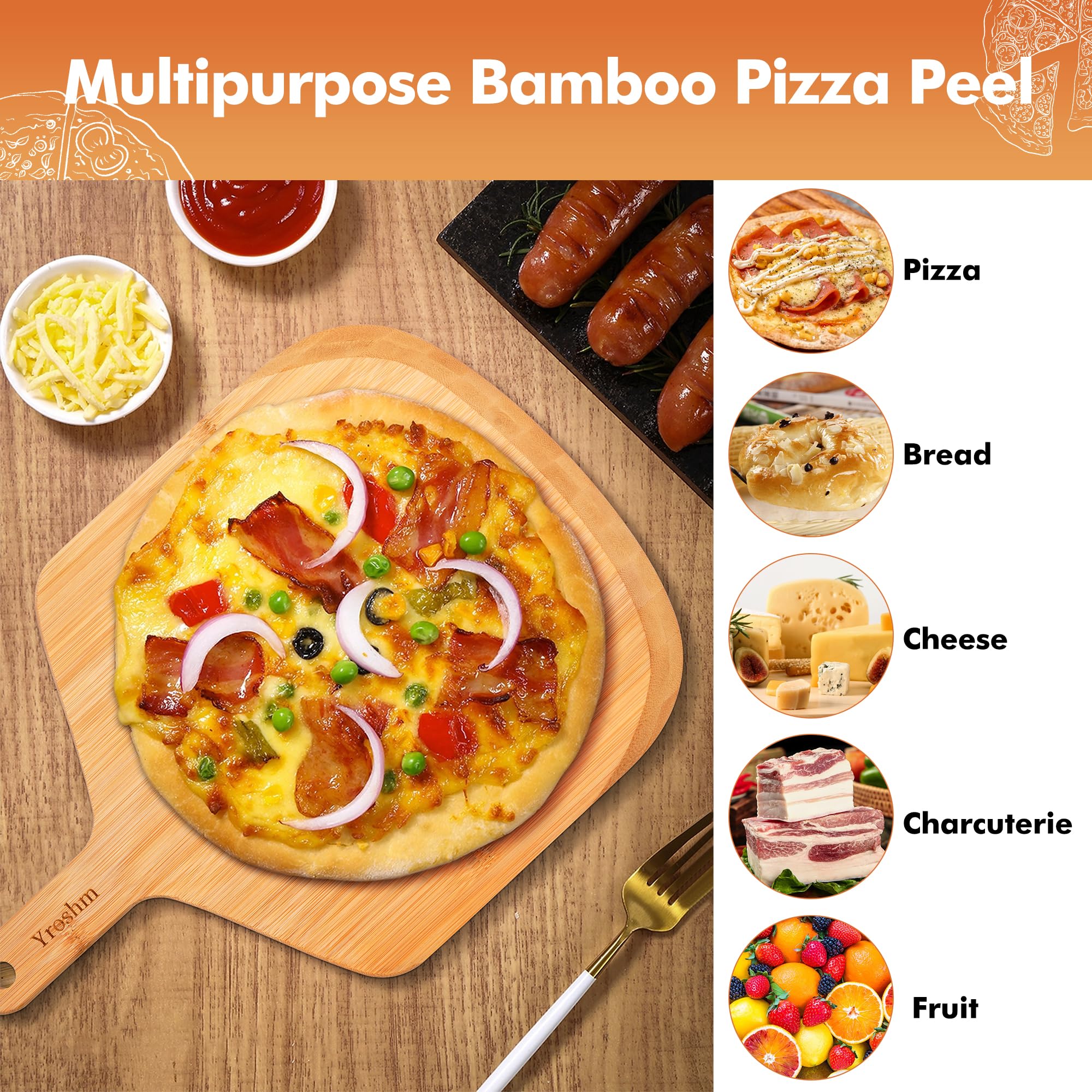 Yroshm bamboo pizza board used as serving or cutting board.