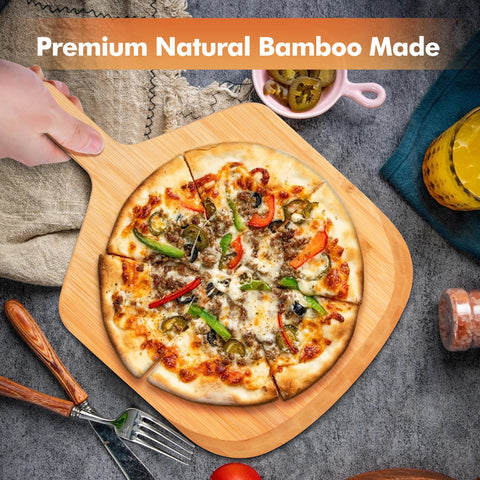 Yroshm 12-inch bamboo pizza peel with precise dimensions for standard pizzas.