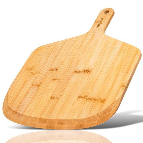 Yroshm bamboo pizza peel front view with smooth surface for easy transfers.