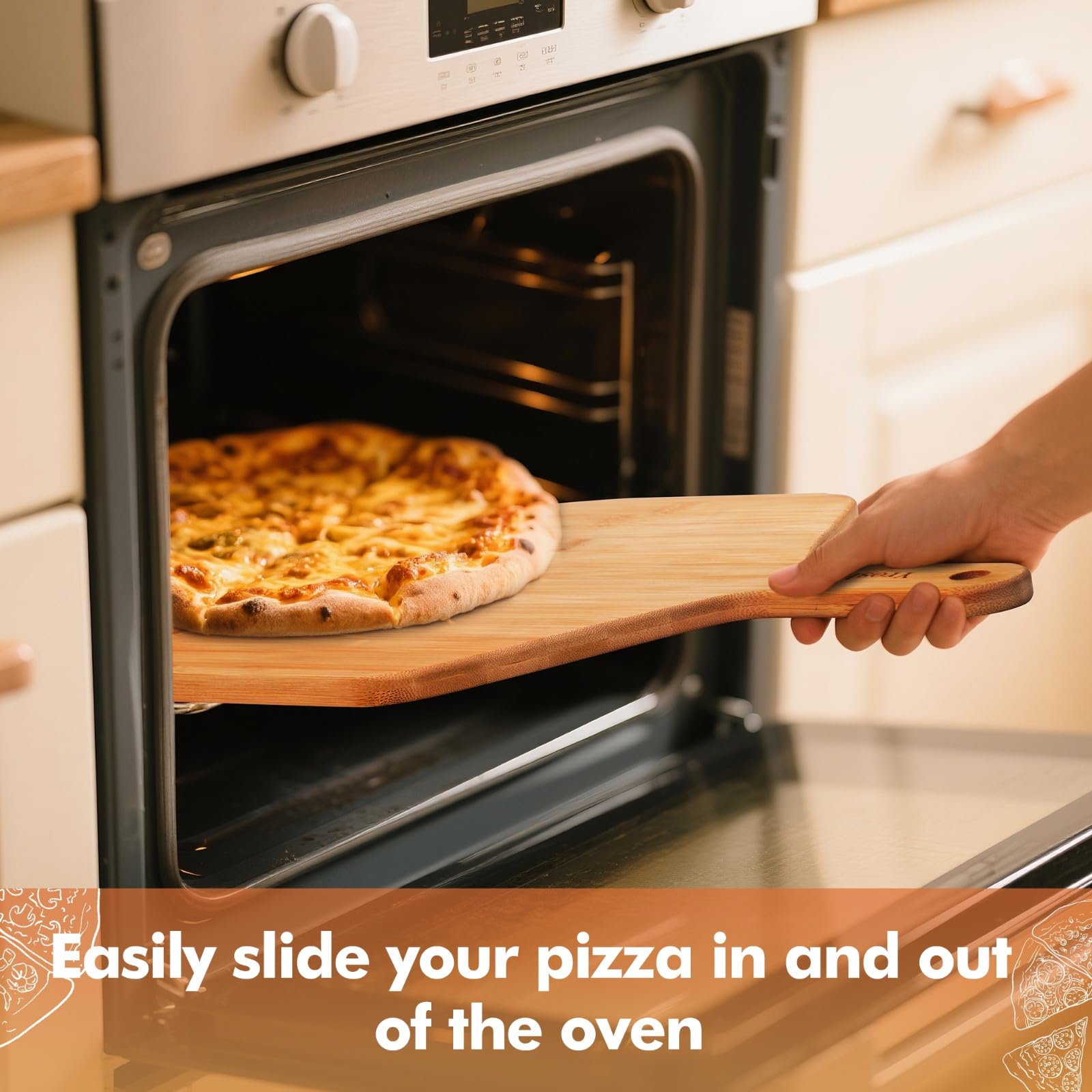 Yroshm bamboo pizza peel handle grip for steady transfers.