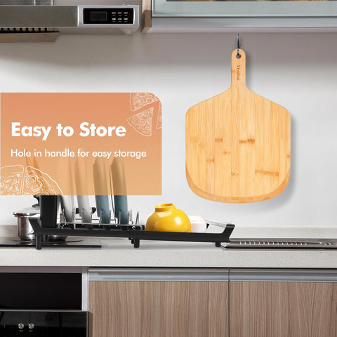 Yroshm bamboo pizza peel hanging storage for kitchen organization.