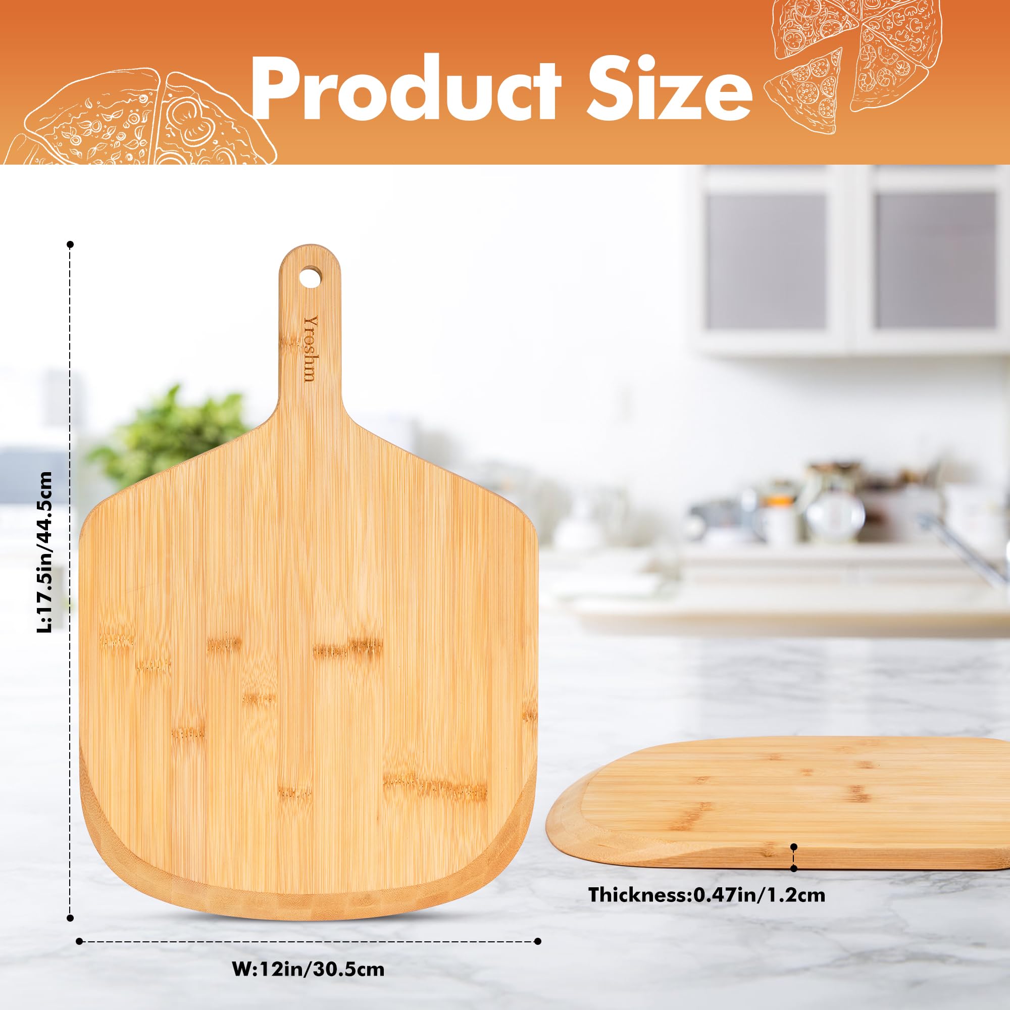 Yroshm bamboo pizza peel close-up showing smooth non-stick surface.