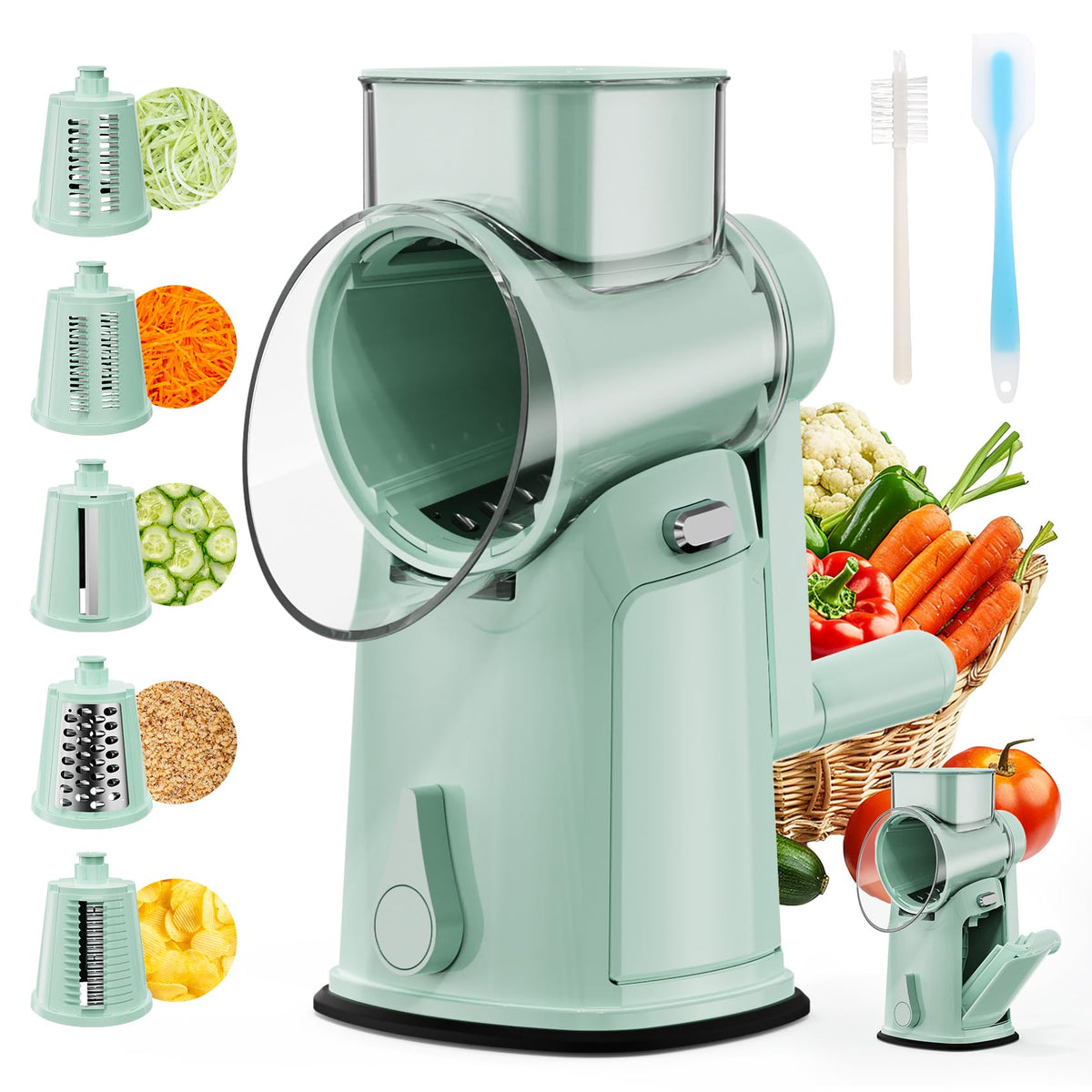YSEPOZ 7-in-1 rotary grater with handle for safe, easy shredding and prep.