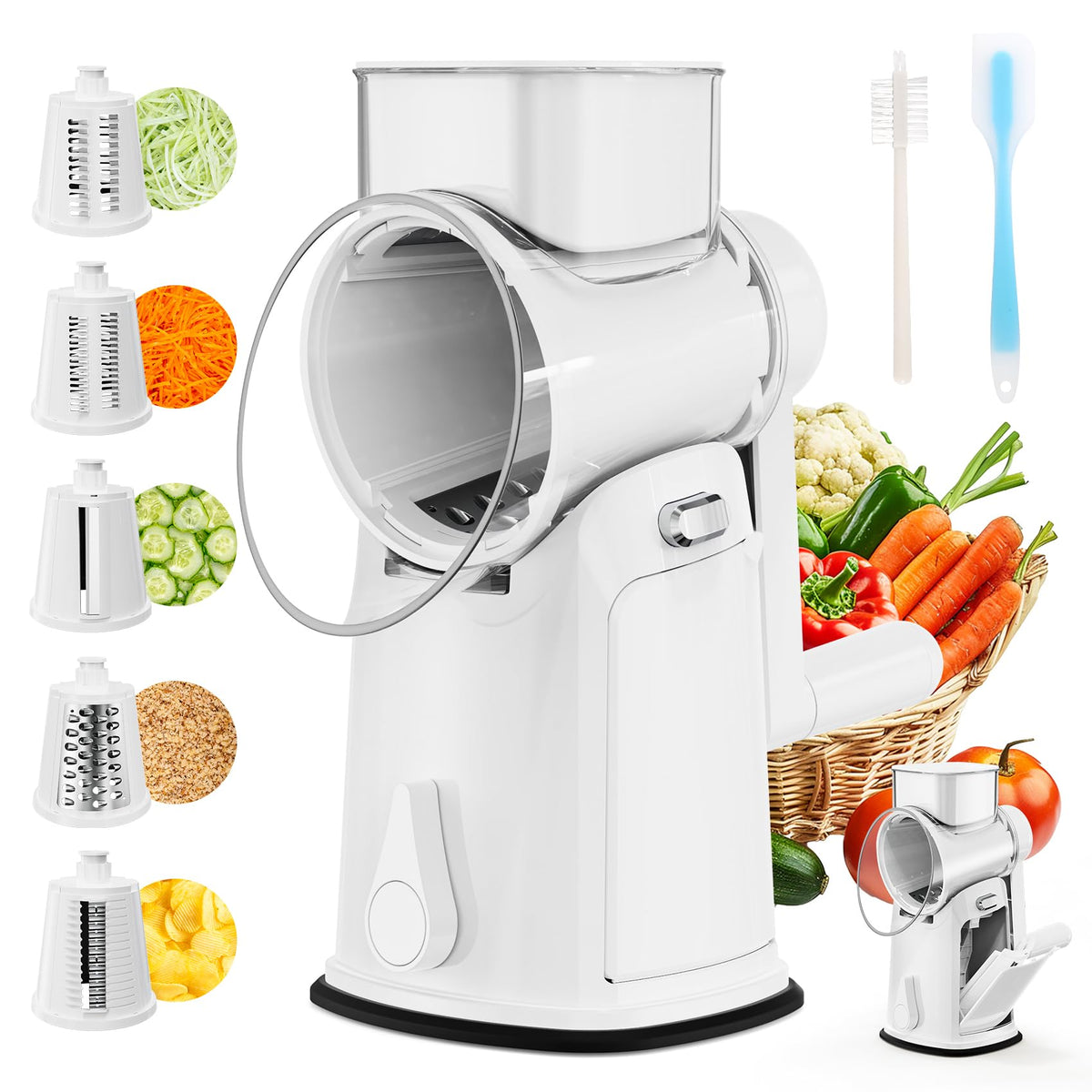 YSEPOZ 7-in-1 rotary cheese grater with handle for safer shredding.