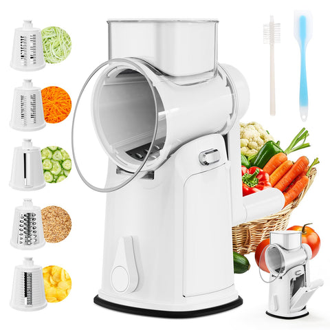 YSEPOZ 7-in-1 rotary cheese grater with handle for safer shredding.