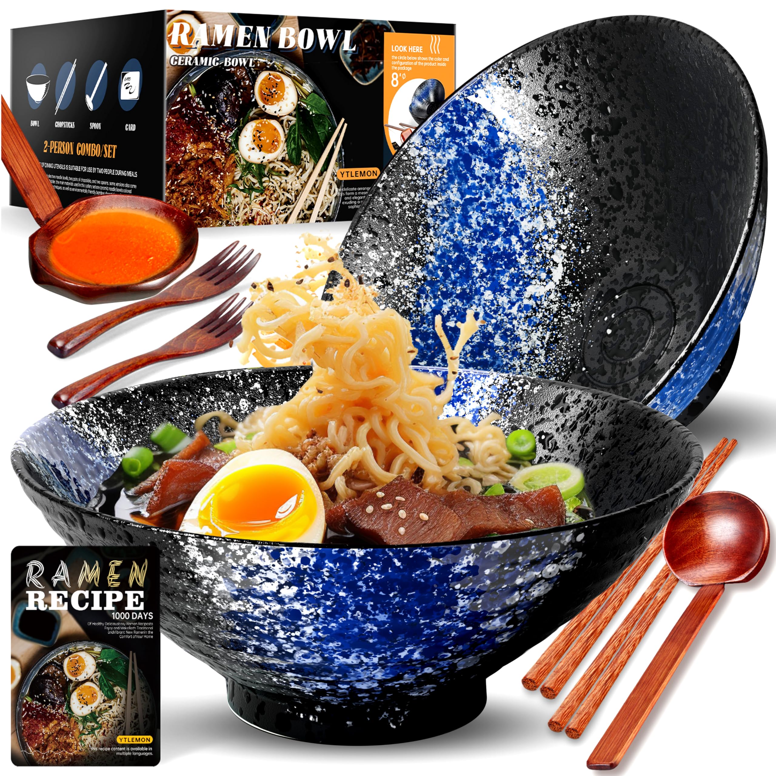 YTLEMON 8-inch ceramic ramen bowl with deep serving capacity for hearty meals.
