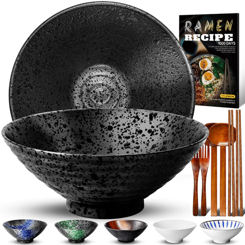 YTLEMON 8-inch ceramic ramen bowl set shown with a generous serving