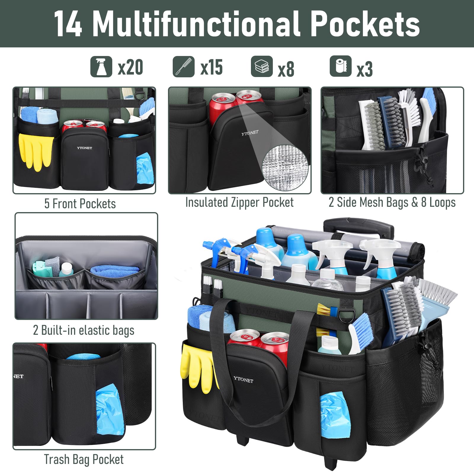 Ytonet Cleaning Caddy with Wheels detachable trolley enables easy transport