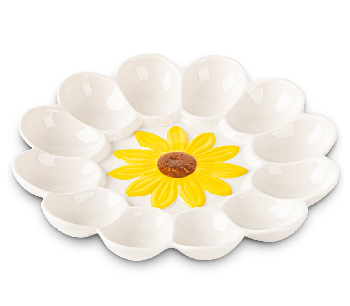 YU&CH Ceramic Sunflower Deviled Egg Tray holding 12 eggs for elegant Easter entertaining