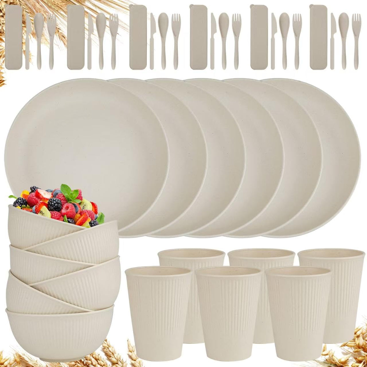 YUANYE 42-piece wheat straw set for 6, durable and lightweight.