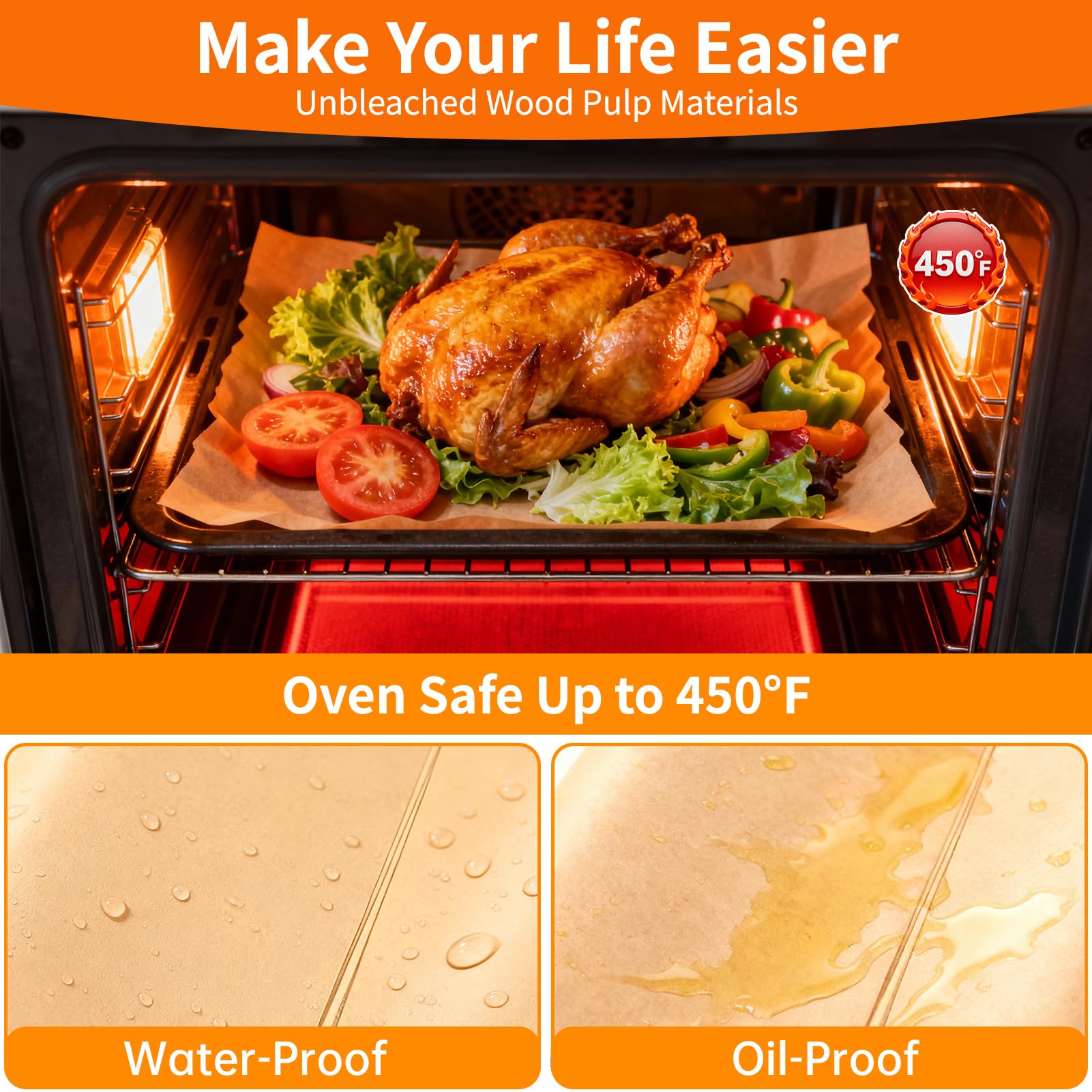 YUANYE parchment sheets safe for oven, air fryer, microwave, and freezer use.
