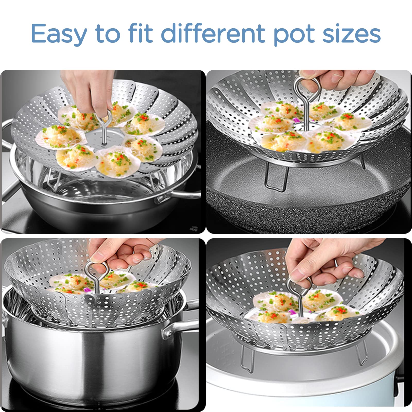 Yubng 304 stainless steel steamer basket offers rust-resistant durability.