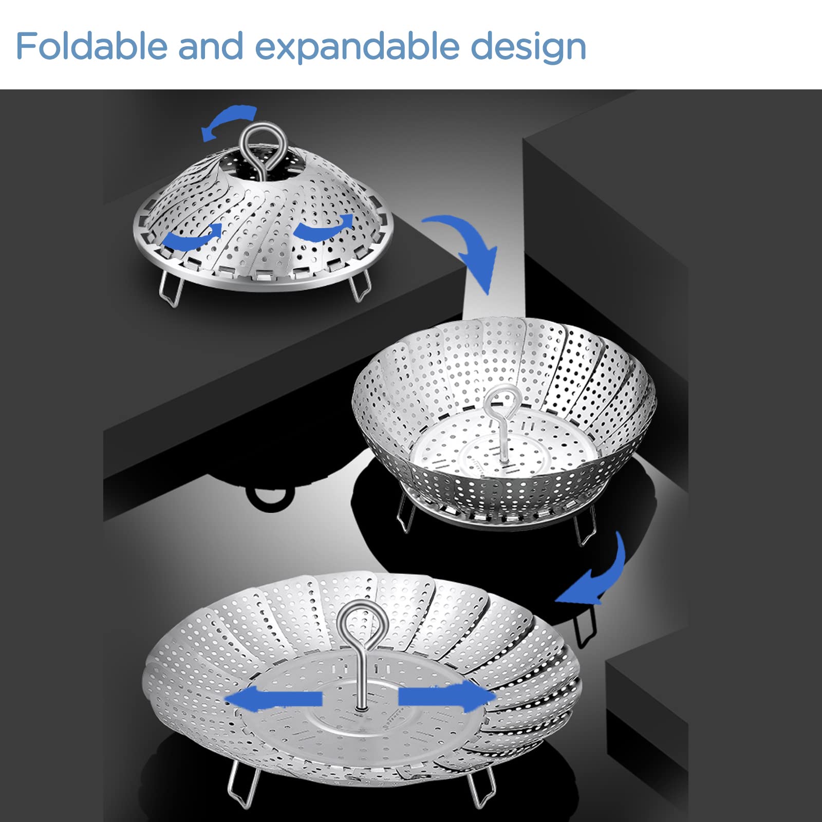 Yubng steamer basket expands to fit multiple pot sizes during steaming.
