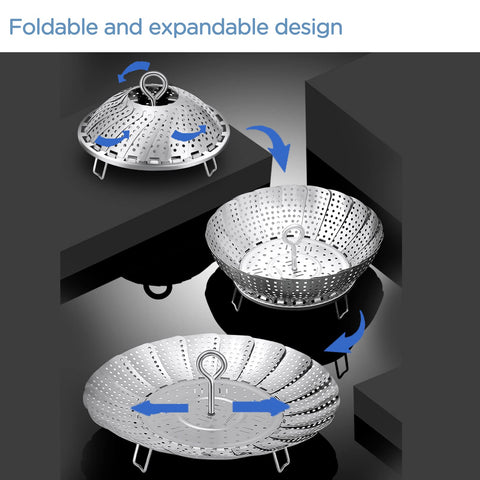 Yubng steamer basket expands to fit multiple pot sizes during steaming.