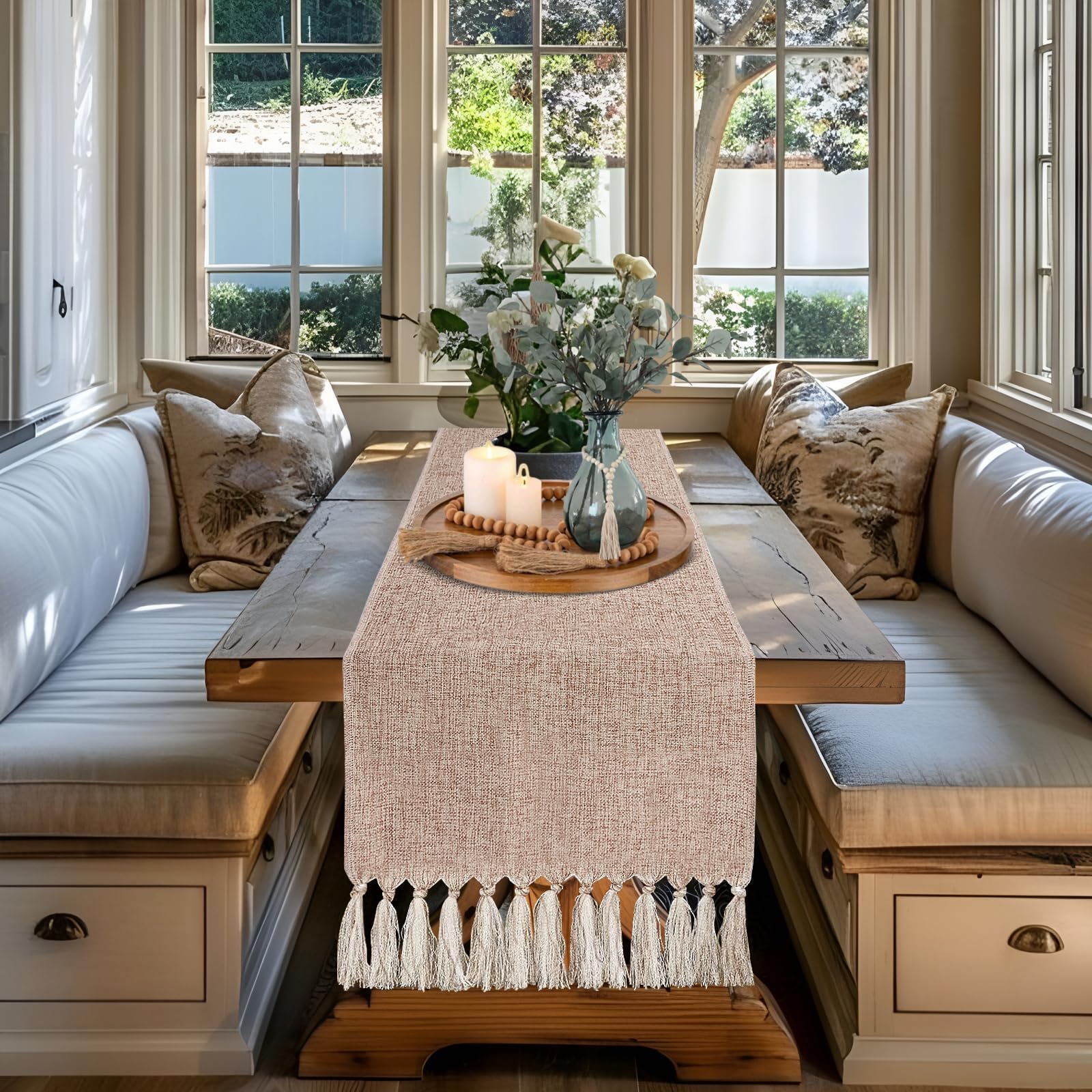 yuboo Boho table runner 55in total length with tassels for graceful drape