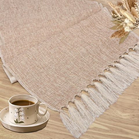 yuboo Boho table runner beige burlap on table showcasing warm farmhouse style