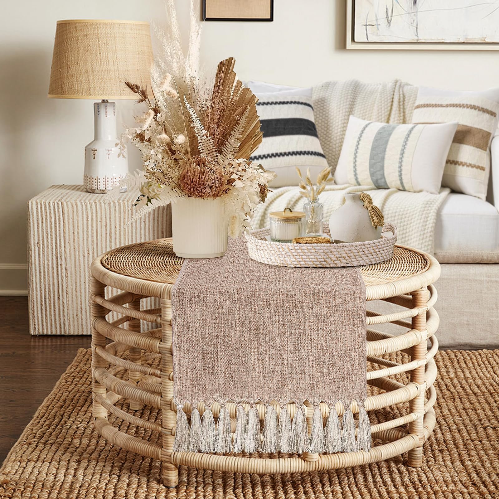yuboo Boho table runner care instructions showing easy cold wash upkeep