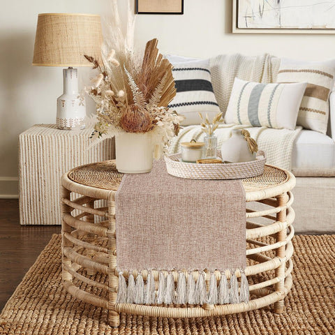 yuboo Boho table runner care instructions showing easy cold wash upkeep