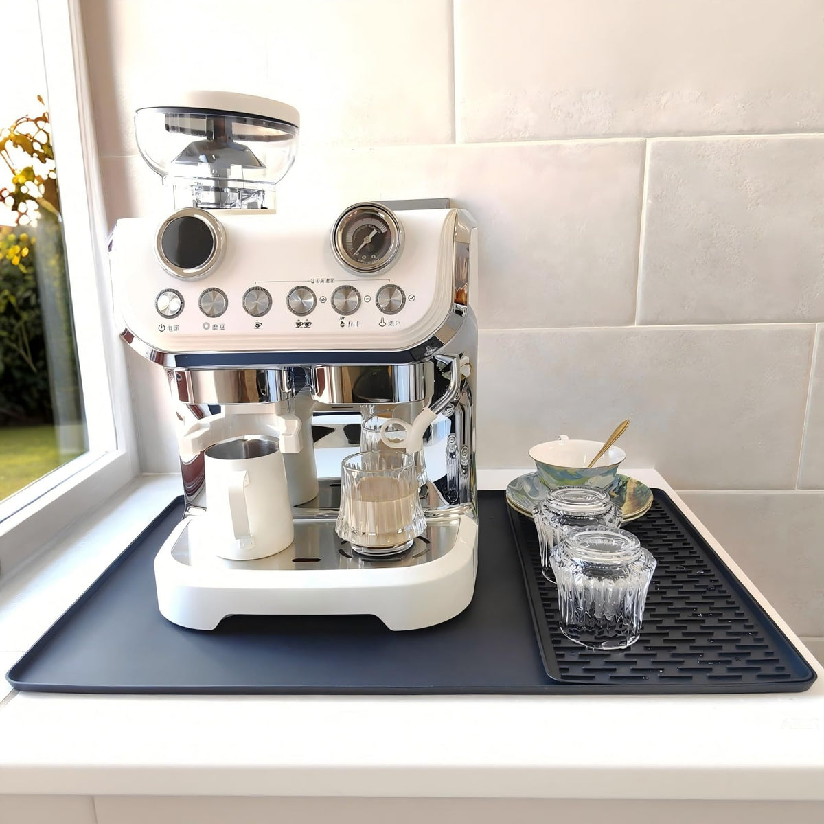 Yudevey silicone coffee mat 24x16 protects countertops from heat, stains, and scratches.