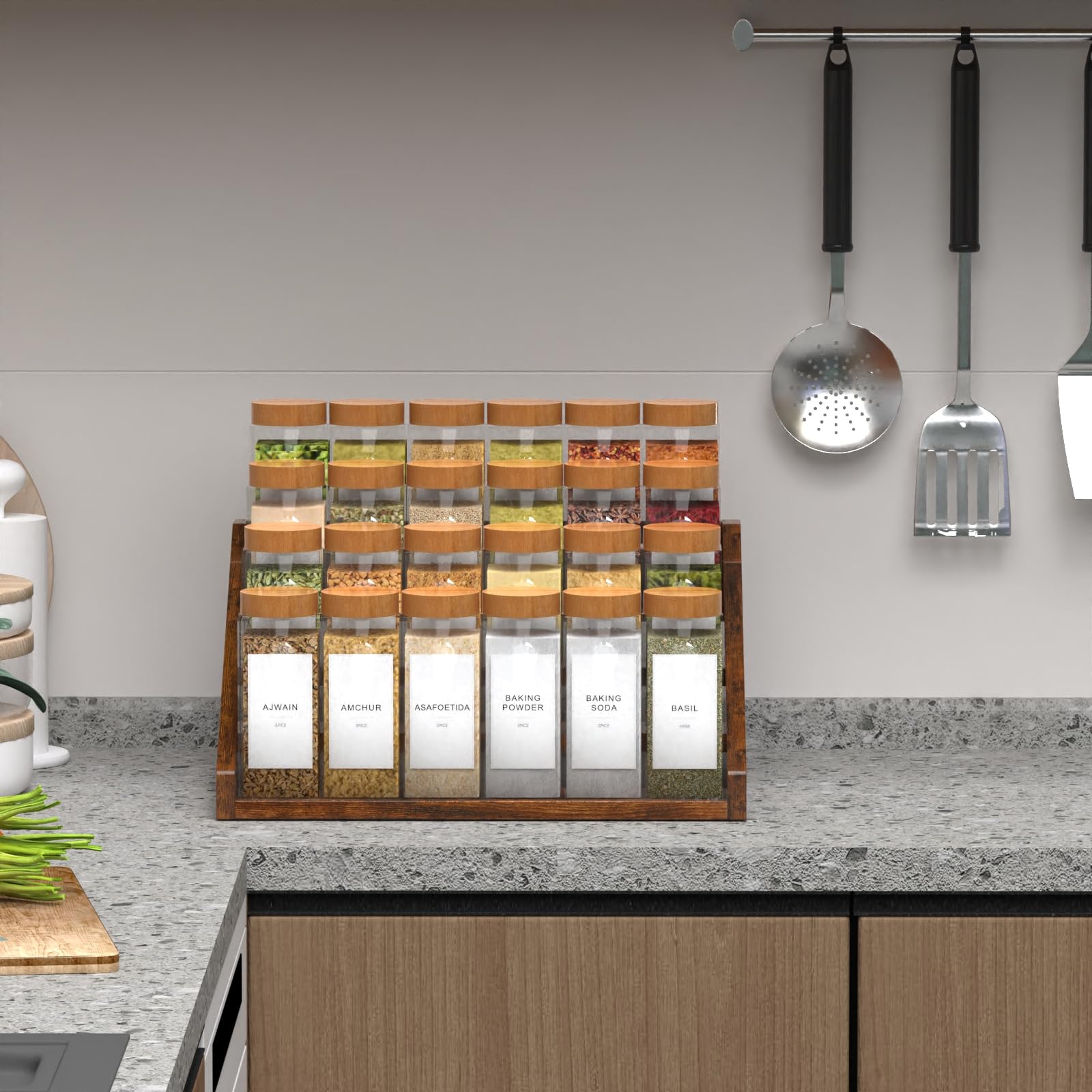 YUELGUANG spice rack with anti-fall guardrails secures bottles during moves