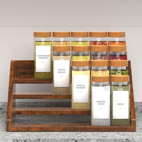 YUELGUANG wooden spice rack on counter with rustic brown finish, durable storage