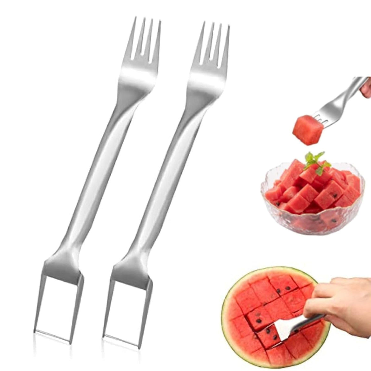 YUEOL watermelon fork slicer in front view, durable stainless steel.