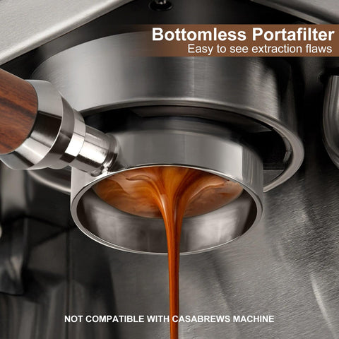 YUEYEE portafilter with walnut handle provides ergonomic grip during shot pulling.