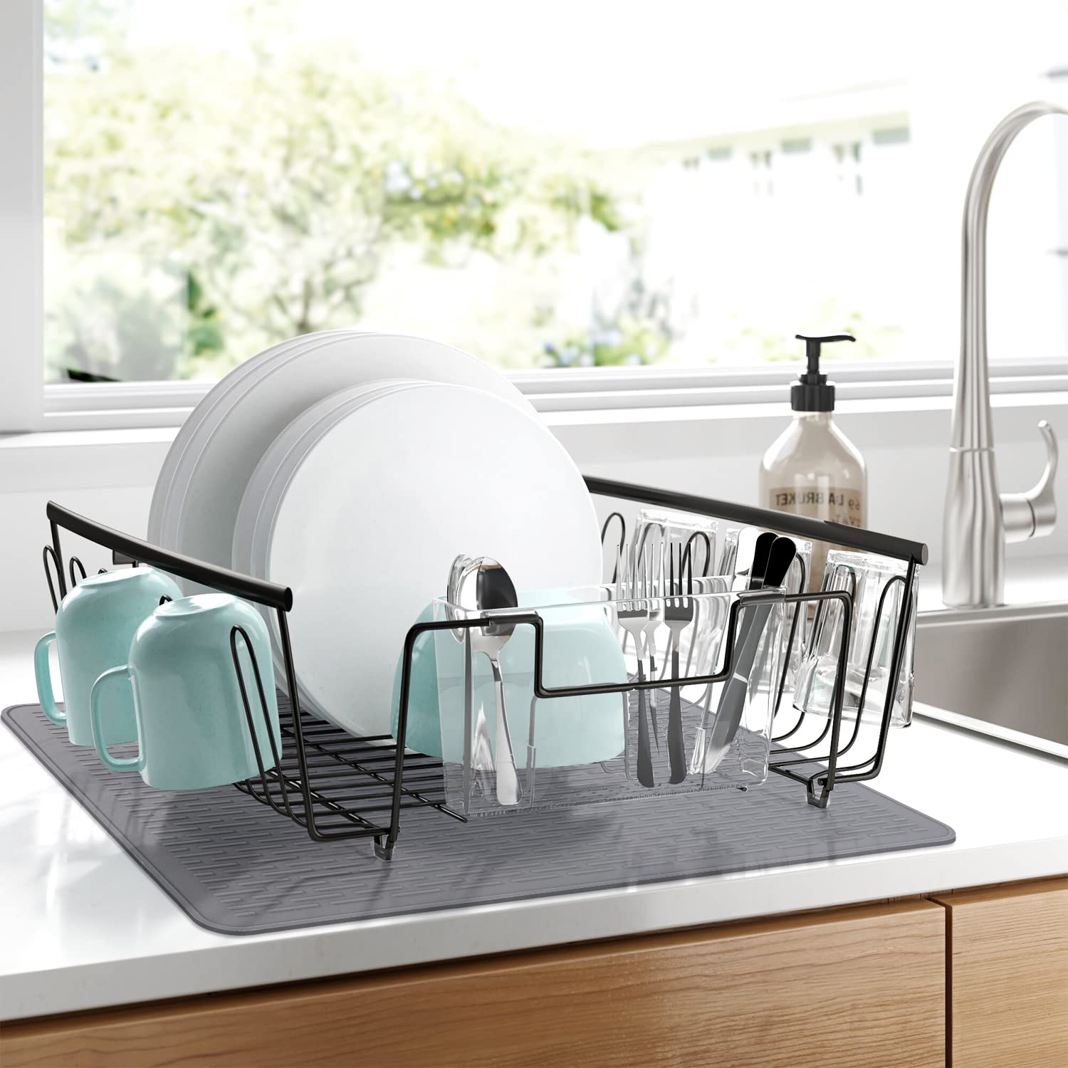 YUHFERA drying mat with raised ridges keeps dishes dry and counters clean