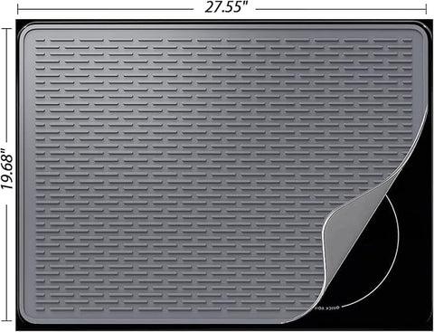YUHFERA silicone stove mat highlights non-slip, heat-safe protection on a glass cooktop