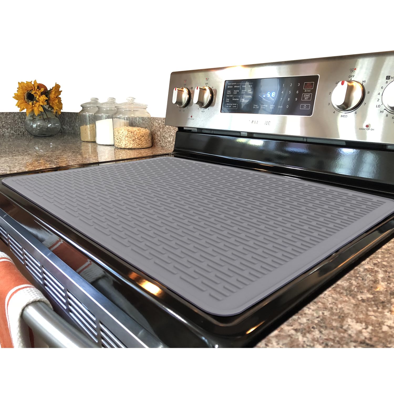 YUHFERA stove top cover gray protects glass top while expanding counter workspace