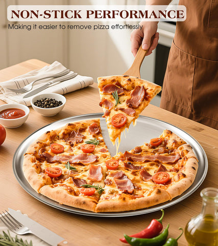 Yuiicaov stainless-steel pizza pan offers even heat distribution for crispy crusts.