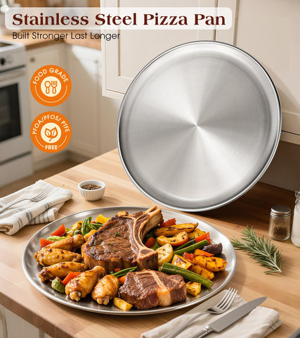 Yuiicaov pizza pan slope-edge design helps keep toppings in place and transfers easy.