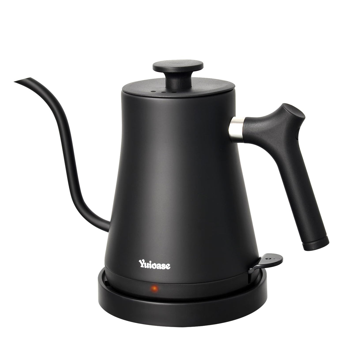 Yuioase electric gooseneck kettle front view with matte black finish for stylish daily use.