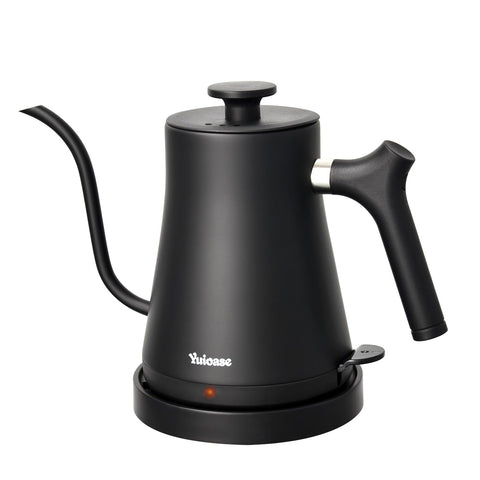 Yuioase electric gooseneck kettle front view with matte black finish for stylish daily use.