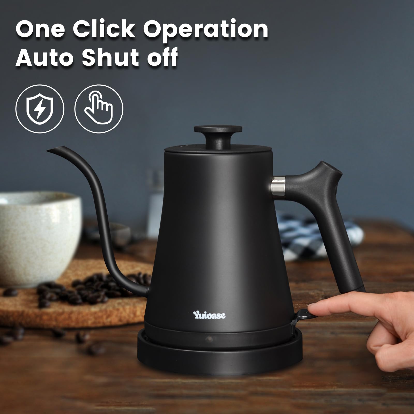 Yuioase kettle 1200W fast boil heats one liter quickly for busy mornings.