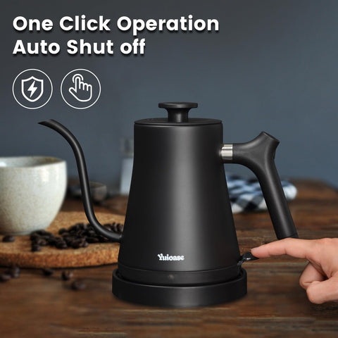 Yuioase kettle 1200W fast boil heats one liter quickly for busy mornings.
